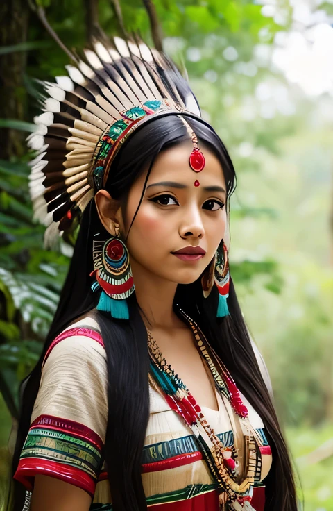 身着传统服装的印度部落美丽性感的女孩, 头上只有一根羽毛、脸上有油漆痕迹的印度妇女, 民族饰品, 她手里拿着自制的箭, 几何图案, 复杂结, 高细节, 背景中的水和森林
