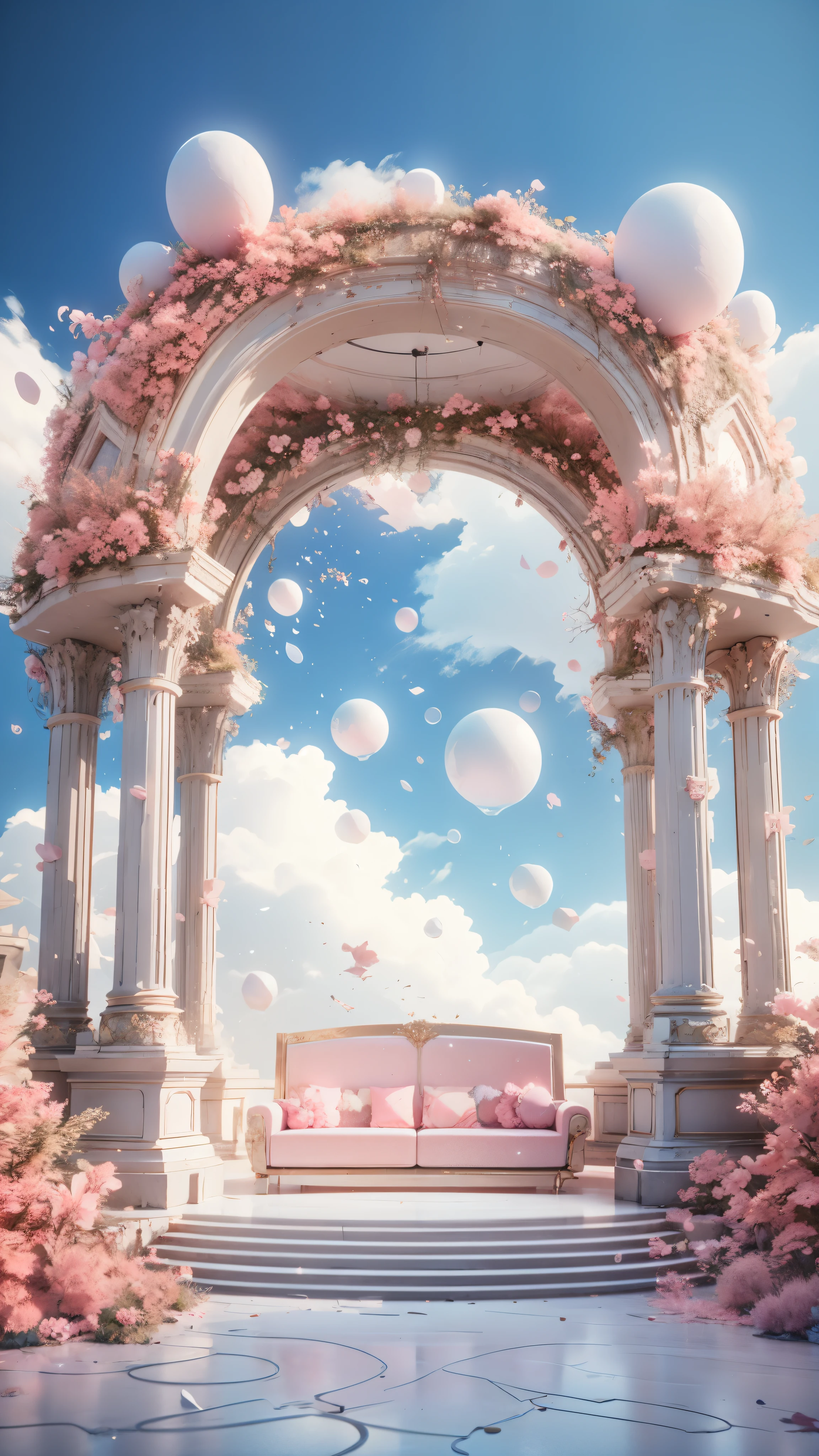 A room with a pink sofa and a sofa, Wonderful atmosphere and drama, Beautiful fairy tale rendering, Hyperrealistic 3D rendering, Unreal Engine ; romantic theme, Stunning mysterious background, Very magical and dreamy, pink arch, Dreamy and detailed, romantic themed, 3D amazing details, Surreal mysterious atmosphere, Gorgeous background, Magical realism style