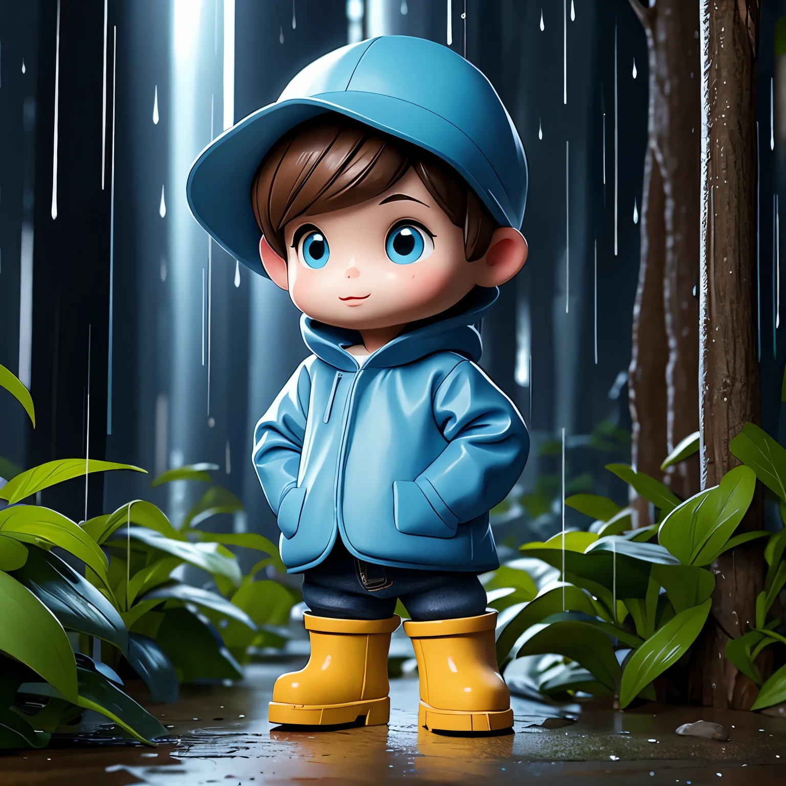 (杰作, 最好的质量:1.2),在树林里，下雨天，1 小型的ature cartoon character, 独自的， 双手插在口袋里，戴帽子和穿雨衣,蓝色雨靴,  小型的，绚丽灯光，户外背景，丰富的色彩，