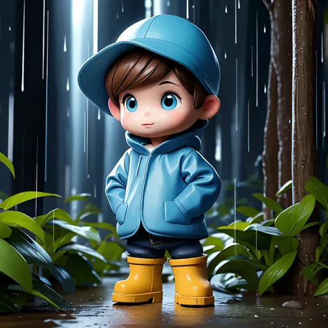 (masterpiece, best quality:1.2),in the forest，rainy day，1 miniature cartoon character, alone， hands in pockets，Wearing hat and r...