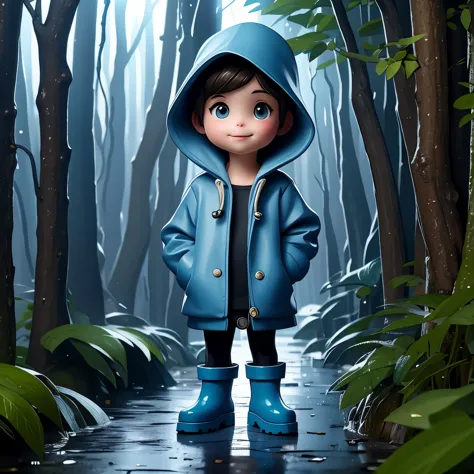 (masterpiece, best quality:1.2),in the forest，rainy day，1 miniature cartoon character, alone， hands in pockets，wearing hat and r...