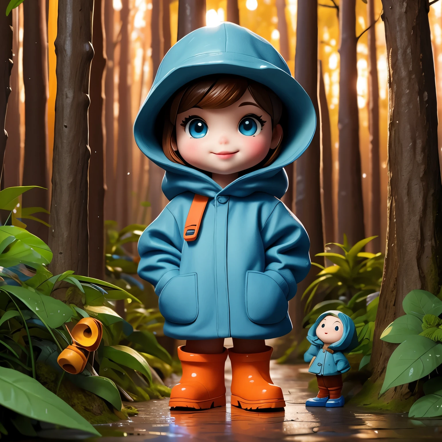 (masterpiece, best quality:1.2),in the forest，rainy day，1 miniature cartoon character, alone，3D dolls，hands in pockets，Wearing hat and raincoat,blue rain boots,  mini，Brilliant lighting，outdoor background，rich colors，