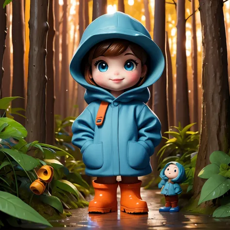 (masterpiece, best quality:1.2),in the forest，rainy day，1 miniature cartoon character, alone，3D dolls，hands in pockets，Wearing h...