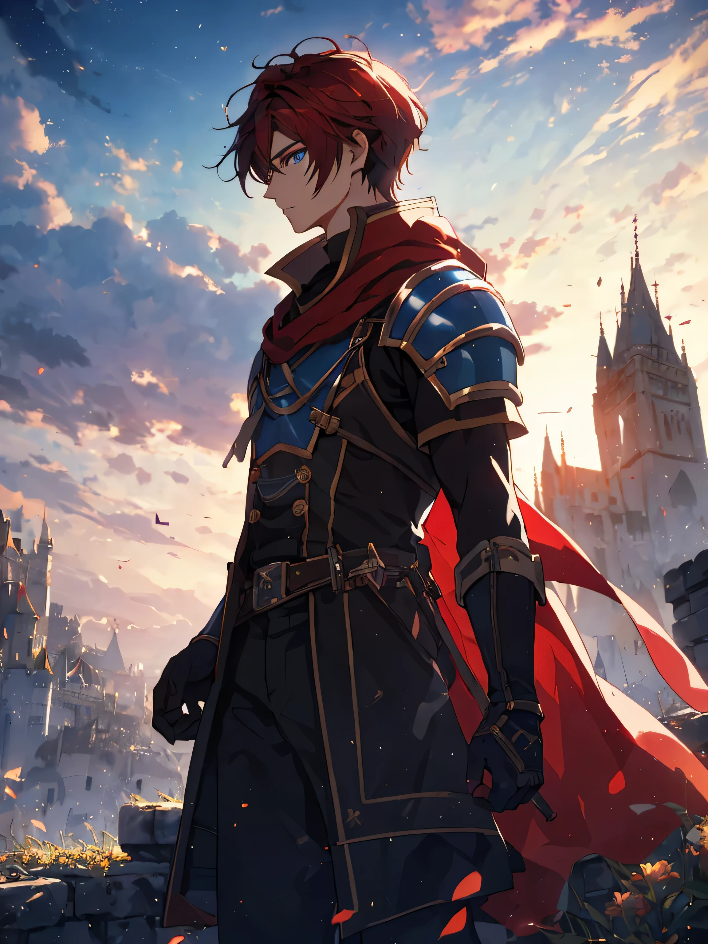 masterpiece, highest quality, fantasy novel cover, Reincarnation in another world, A boy wearing a red cloak stands in the wilderness with a castle in the background, armor, 青いarmor, fingerless gloves, blue eyes, Serious profile, Red Shorthair, field, null, animated disney movie palette, Red-blue, scattered light, portrait of a dreamer, Huge tower, Feywild, 36K quality, highly detailed background, fighting pose, Also々new profile, Also々new, {{{{{一人のmaleのイラスト}}}}}, flat chest, pectoralis major,broad shoulders, big arm muscles,male性の手,maleの顔,male性;eyebrow, male性の目, sharp nose ,long nose,{{{{{male}}}}},good looking guy,good looking,Dandyism, Emphasize the contrast between light and shadow, (official art、{{{{{upper body angle}}}}},highest quality、unity 8k wallpaper、32K、masterpiece、超詳new、ultra high resolution, realistic、 Photoreal:1.2)、(cinematic lighting:1.2), portrait from the knees up, Multiple three-dimensional clouds in the distance,