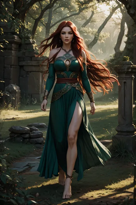 full body Celtic Warrior Woman, Stone Ruins, Tall and Slender, huge ruby green eyes, long wave red hair, red lips, Flowing Dress...