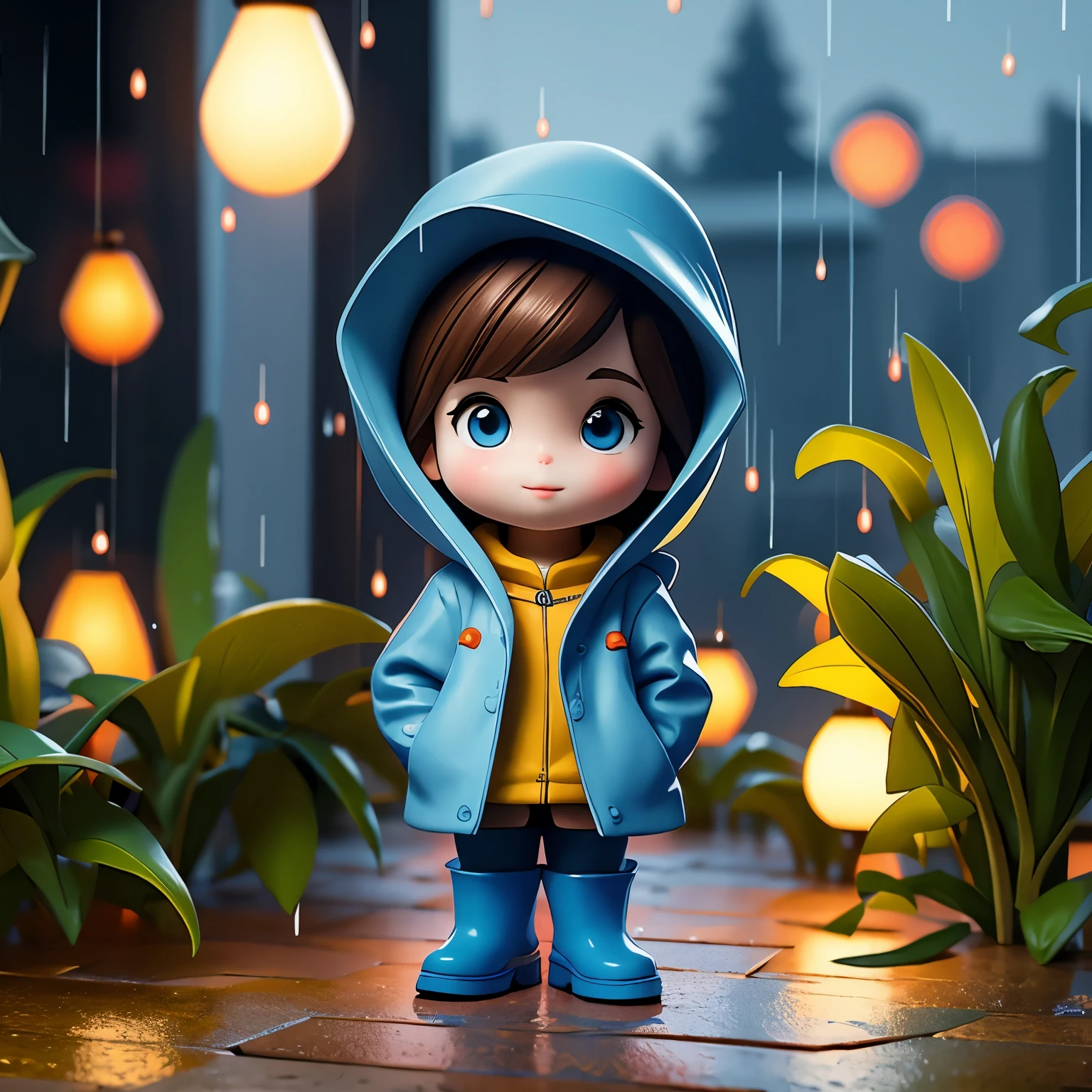(杰作, 最好的质量:1.2),窗台上的微型卡通人物, 独自的，3D娃娃，双手插在口袋里，戴帽子和穿雨衣,蓝色雨靴,  小型的，绚丽灯光，户外背景，丰富的色彩，