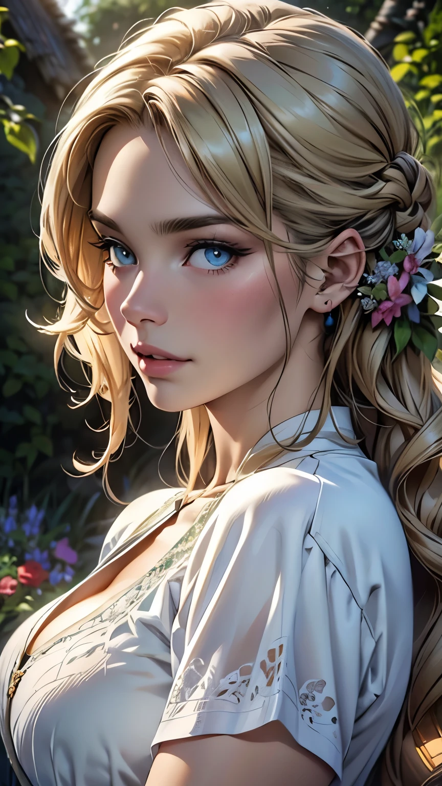 (highest quality,4k,8k,High resolution,masterpiece:1.2),super detailed,(realistic,photorealistic,photo-realistic:1.37),detailed and beautiful eyes,dense and beautiful lips,highly detailed eyes and face,long eyelashes,[garden, Bright colors,soft natural light,romantic atmosphere,vivid flowers, flowing dress,feminine and elegant pose,Happy and confident look, High fashion style, Dreamy scenery, fine art portrait, art print quality, oil painting techniques, impressionist style.