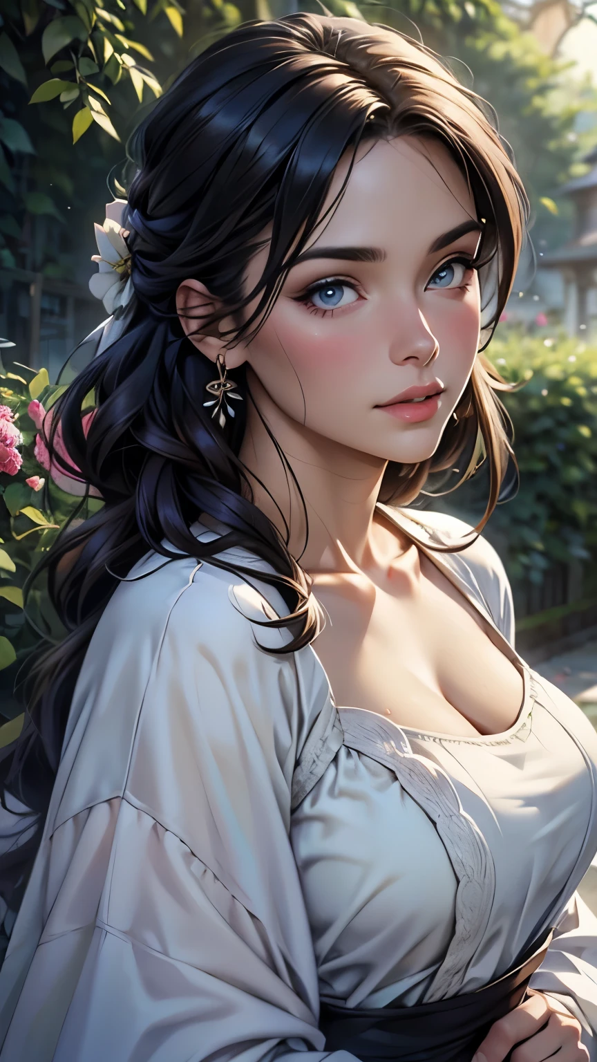 (highest quality,4k,8k,High resolution,masterpiece:1.2),super detailed,(realistic,photorealistic,photo-realistic:1.37),detailed and beautiful eyes,dense and beautiful lips,highly detailed eyes and face,long eyelashes,[garden, Bright colors,soft natural light,romantic atmosphere,vivid flowers, flowing dress,feminine and elegant pose,Happy and confident look, High fashion style, Dreamy scenery, fine art portrait, art print quality, oil painting techniques, impressionist style.