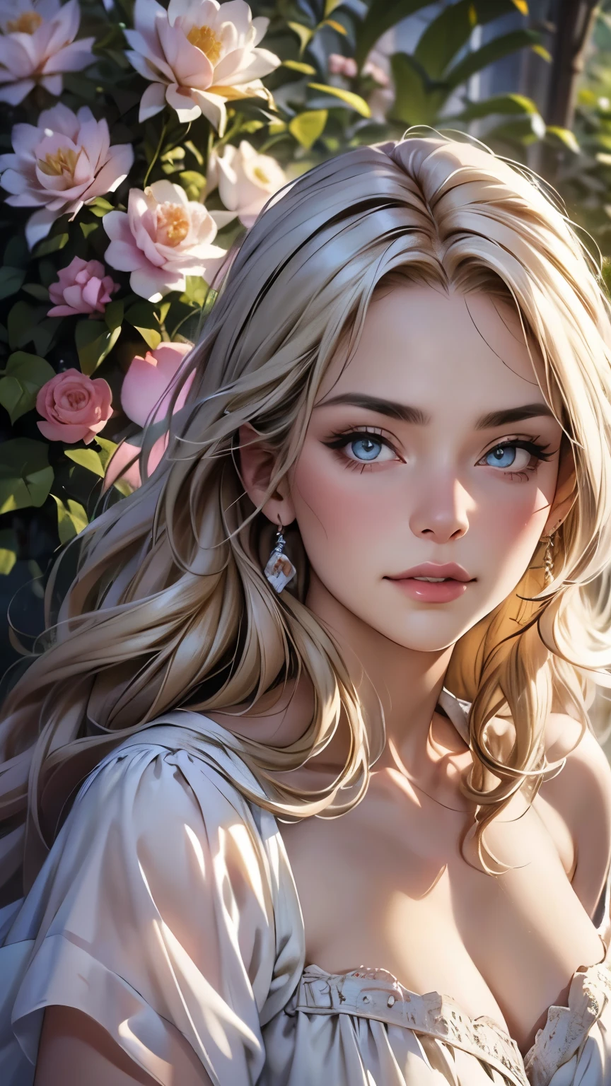 (highest quality,4k,8k,High resolution,masterpiece:1.2),super detailed,(realistic,photorealistic,photo-realistic:1.37),detailed and beautiful eyes,dense and beautiful lips,highly detailed eyes and face,long eyelashes,[garden, Bright colors,soft natural light,romantic atmosphere,vivid flowers, flowing dress,feminine and elegant pose,Happy and confident look, High fashion style, Dreamy scenery, fine art portrait, art print quality, oil painting techniques, impressionist style.