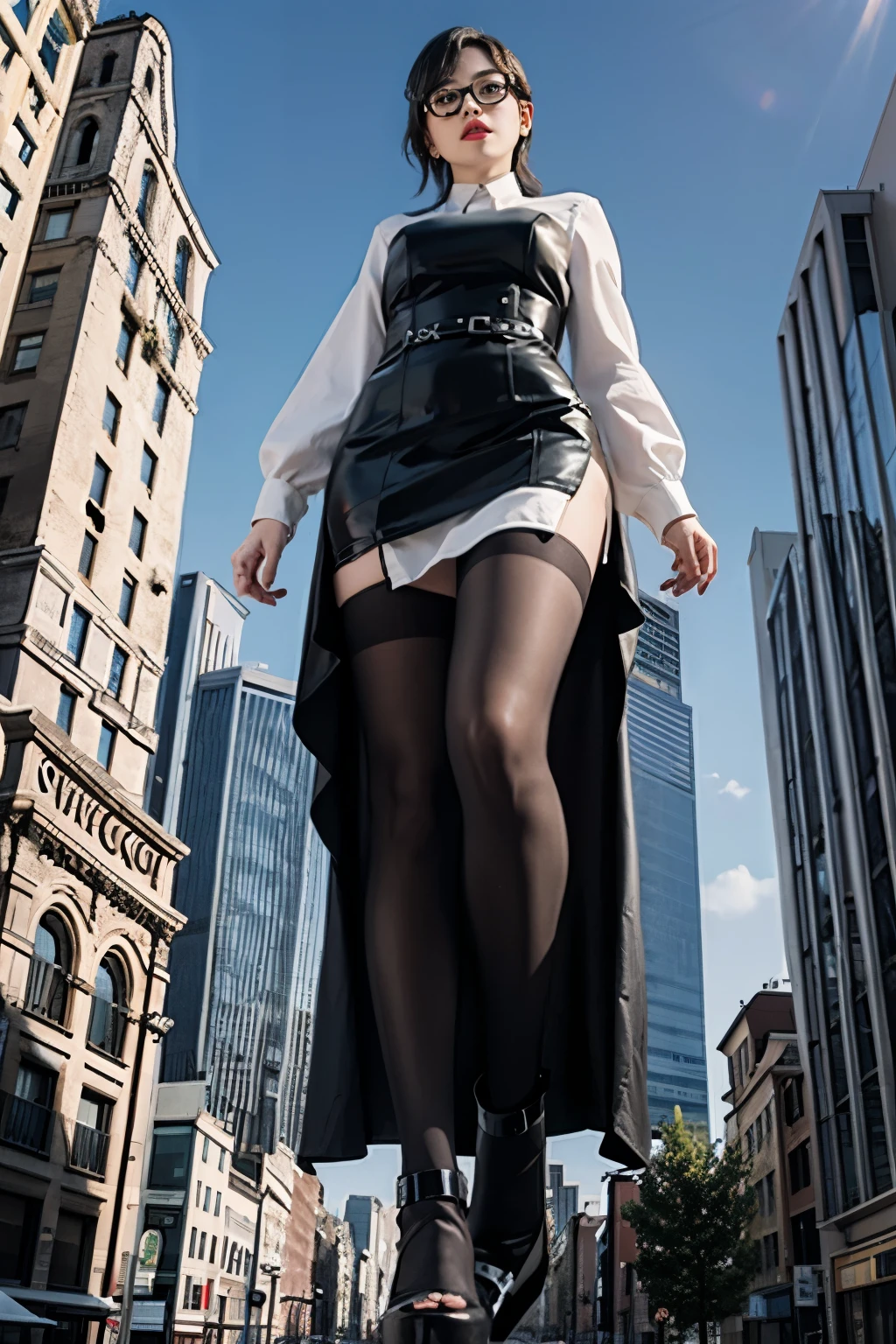 Woman in black leather dress and high heels walking down a city street -  SeaArt AI