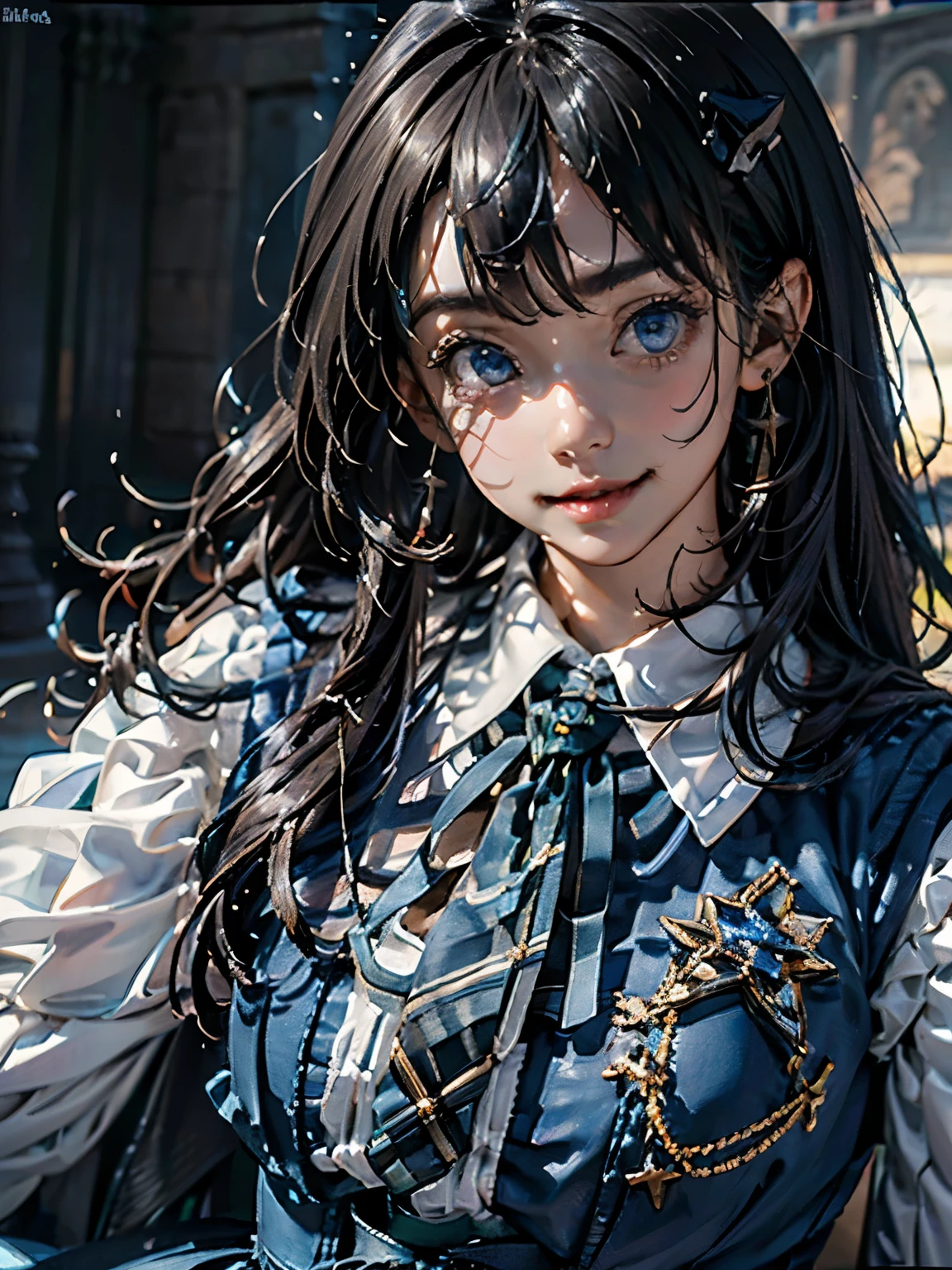 (((((super close up of face)))))，Aim from a little above,masterpiece, confused, incredibly confused, very detailed, highest quality, costume，(((candy blue dress))), have, knee high, whole body, 1 girl, alone, black hair, gentle smile, looking at the viewer, detailed background, Are standing, at the castle, night, dramatic lighting, 