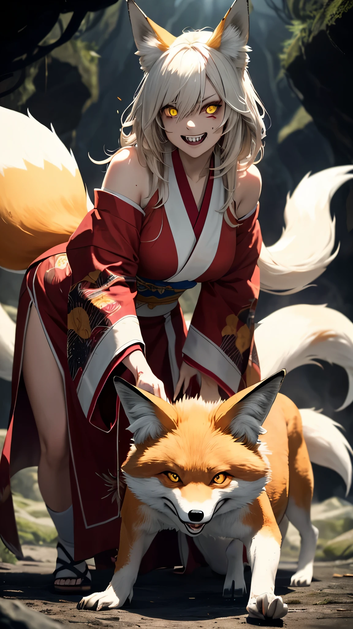 Anime girl with a fox costume and a red dress - SeaArt AI