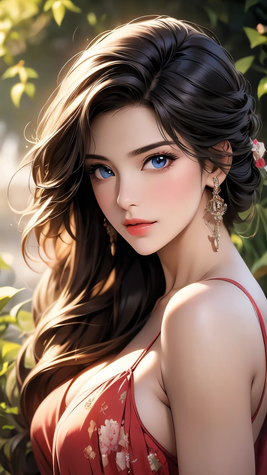 (highest quality,4k,8k,High resolution,masterpiece:1.2),super detailed,(realistic,photorealistic,photo-realistic:1.37),detailed and beautiful eyes,dense and beautiful lips,highly detailed eyes and face,long eyelashes,[garden, Bright colors,soft natural light,romantic atmosphere,vivid flowers, flowing dress,feminine and elegant pose,Happy and confident look, High fashion style, Dreamy scenery, fine art portrait, art print quality, oil painting techniques, impressionist style.smiling with his mouth closed