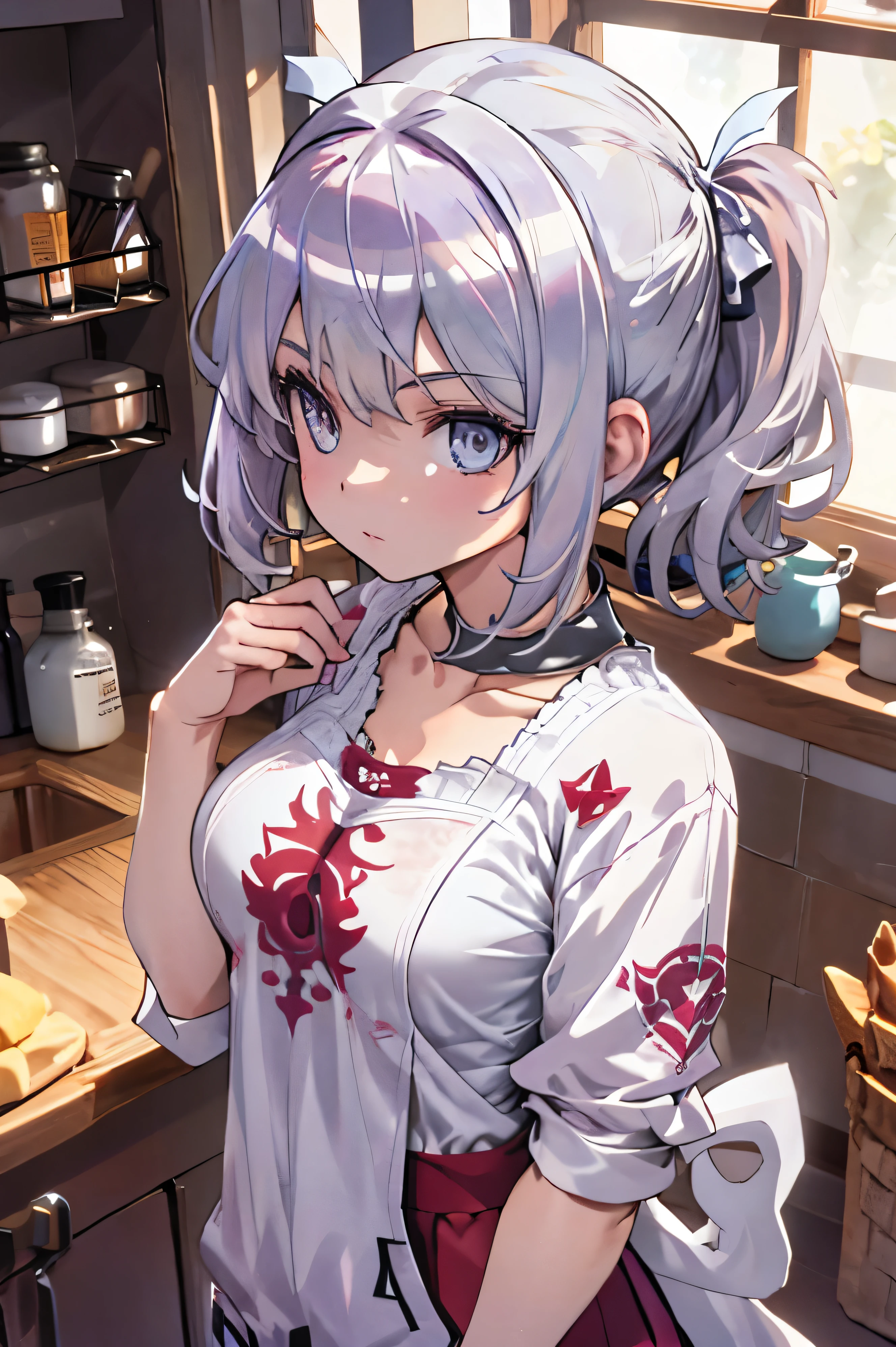 Masterpiece, Best quality, 1girll, Solo, Extremely detailed, Extremely detailed eyes, extremely detailed background, ((SilverWolf V4)),Sa woman standing in a kitchen next to a counter, artoria pendragon, beautiful detailed body and face, sport bra and shirt, wearing a scarlet hoodie, beautiful color art!, beautiful body and face, full shot photo, featured art, thick body, curvy body, sarah, maroon