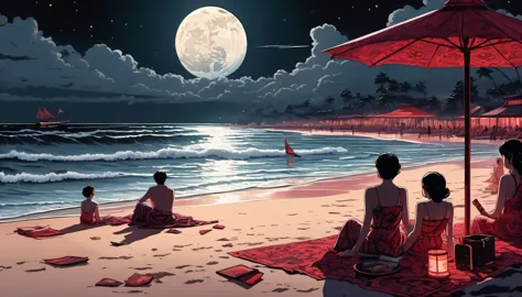 breathtaking illustration of beach, Young people standing on the border between crimson and black, intricate detail barbecue set...