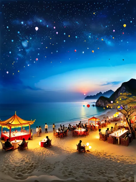 super detailed，chinese ink style，chinese landscape painting, ((night, under the stars))，a luxurious and joyous beach under the s...