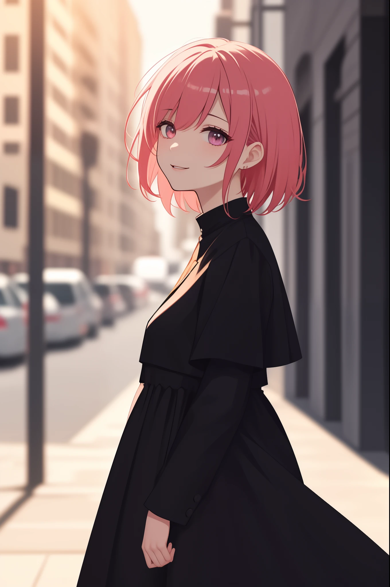 ultra-detailed face, ((dropping eyes)), 28 year old woman, vibrant colors, soft natural lighting, bokeh effect. black spring dress, flawless makeup, professional photography, street snapshot, (happy expression), pink hair, short hair, long skirt, from side, good anatomy