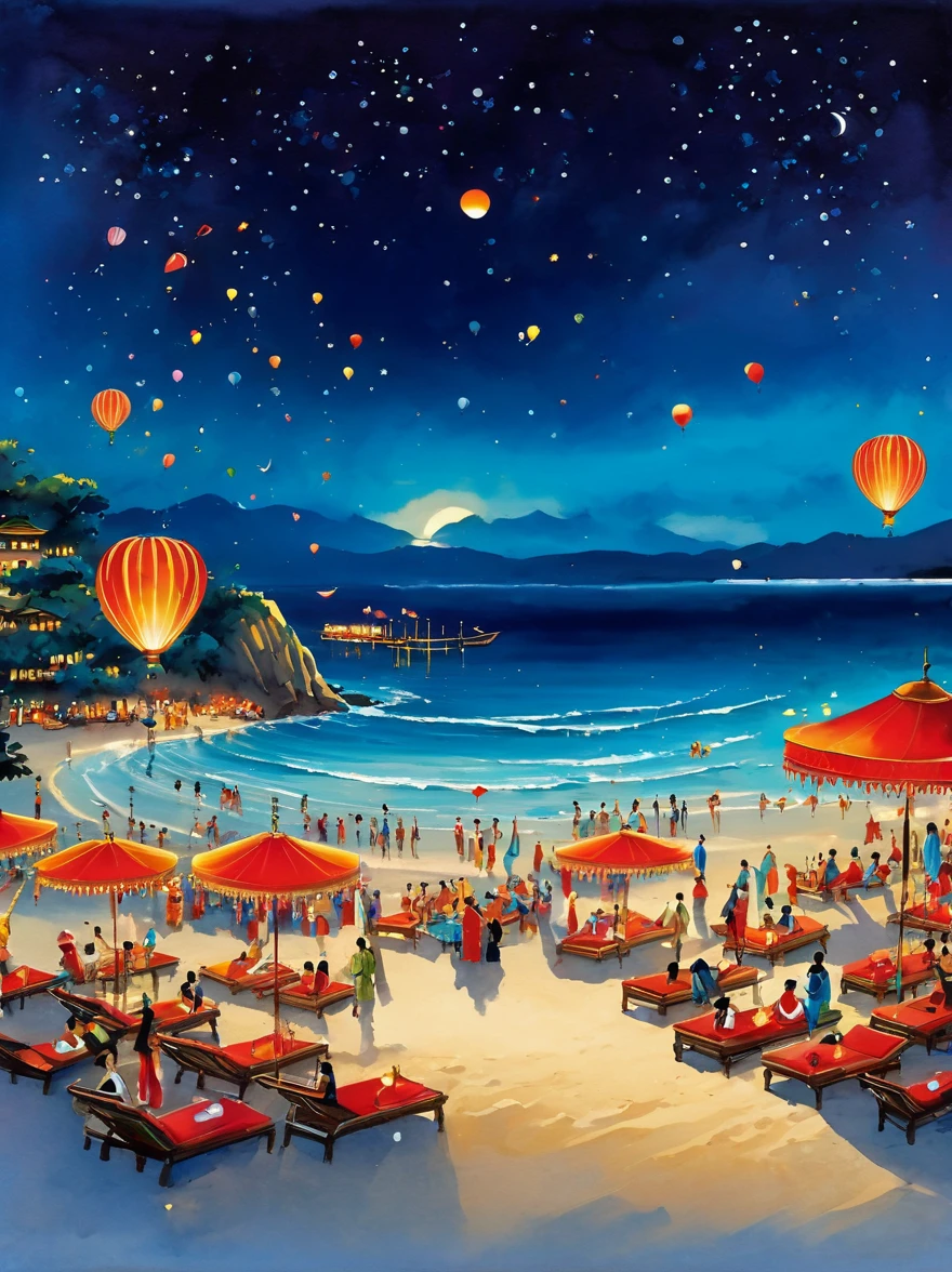 super detailed，Chinese ink style，Chinese landscape painting, ((Night, under the stars))，A luxurious and joyous beach under the sky, where the golden sands meet the azure sea. The scene is set with opulent decorations, shimmering lights, and vibrant balloons. Guests are seen enjoying themselves, with some lounging in chic beach chairs, others dancing freely on the sand, and a few indulging in extravagant beachside cocktails. The atmosphere is electrified with live music, a DJ spinning upbeat tracks on a stage adorned with tropical flowers, This setting captures the essence of a lavish celebration, blending the natural beauty of the beach with the exhilaration of a festive gathering。it sparks our imagination，Let us be immersed in this dreamlike artistic conception，magical atmosphere，happy and peaceful scene，Surreal and ethereal colors，texture landscape，otherworldly environment，beautiful scenery，Hazy and mysterious atmosphere，dramatic light and shadow，A thrilling sense of adventure，Amazing natural wonders，Grandeur and sense of scale，Explore endless possibilities