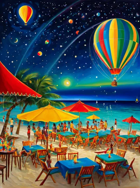 starry sky，late night，luxurious, Haitian Beach , Soft white sand, Velvet carpet, Exquisite dining table, Delicious food, Crystal...