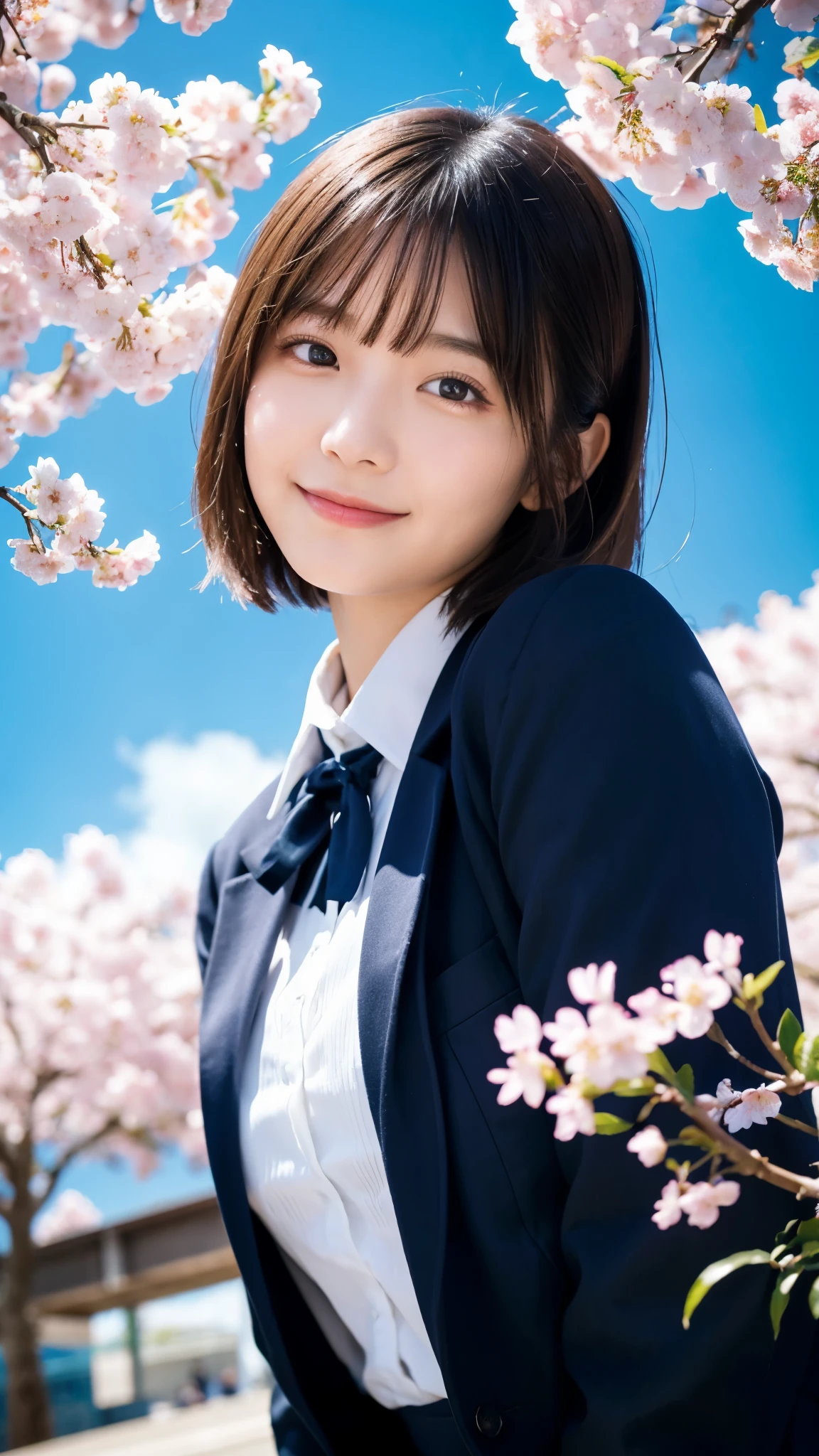 (highest quality,masterpiece:1.3,ultra high resolution),(Super detailed,caustics,8K),(photorealistic:1.4,RAW shooting),1 girl,(smile),(looking down at the camera),18-year-old,cute,Japanese,black hair short cut,(school uniform),glamorous,(big ),(face focus),street,cherry blossoms,(cherry blossoms snowstorm),blue sky,sun,Natural light,(Lens flare),professional writing,(bust up shot),(Tilt composition:1.3),(low position:1.4),(Low - Angle:1.4)