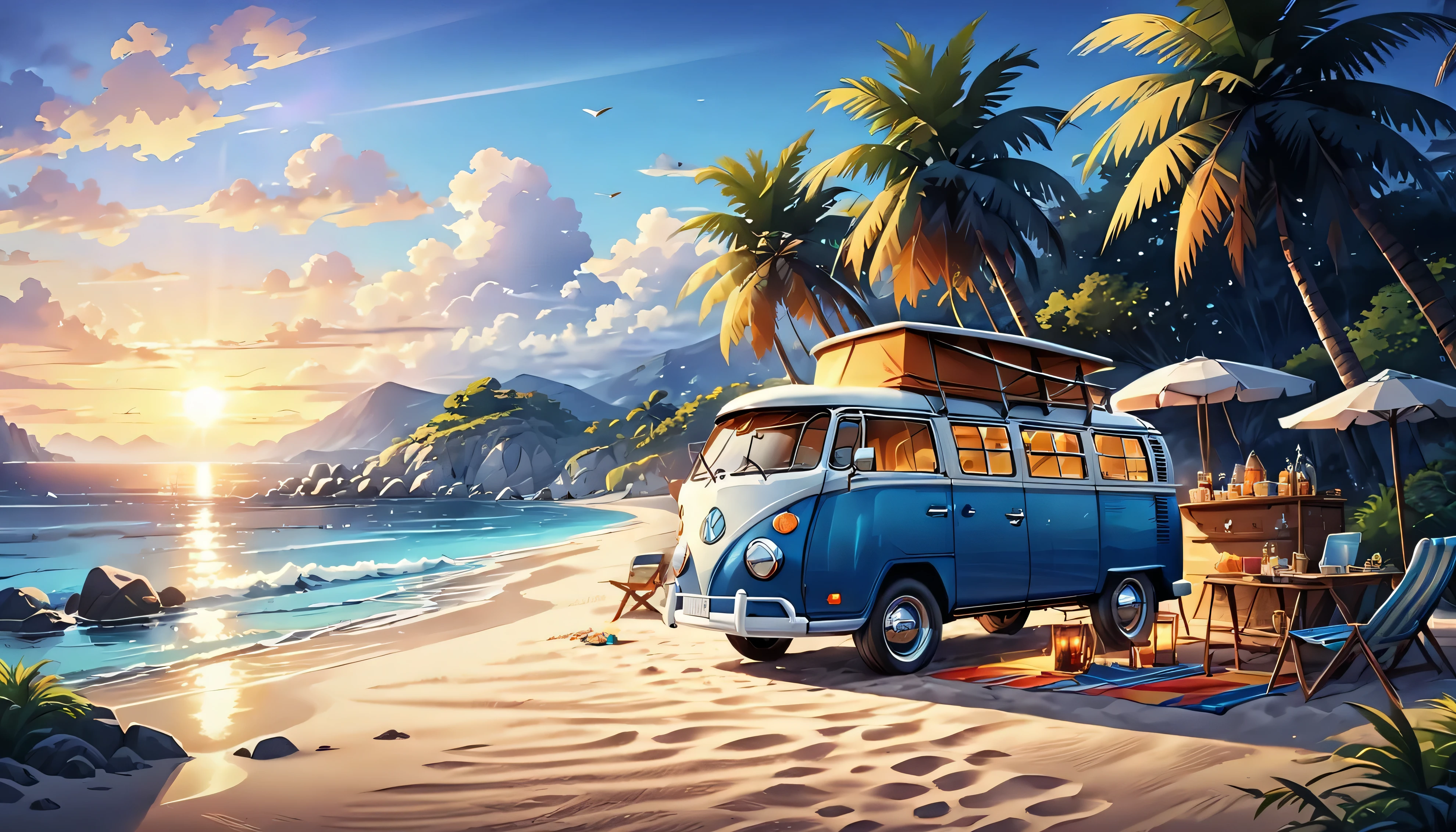 beach party/beach party/beach .campervan.beach.seaside..fine wine.delicious food.Jess tree.Open心快樂的玩樂.beautiful coastline.Sunset.Open. (best quality,4k,8k,high resolution,masterpiece:1.2),super detailed,(actual,photoactual,photo-actual:1.37),, Wide-angle lens, super wide angle, best qualitycinematic lighting, depth of field, anatomically correct...
