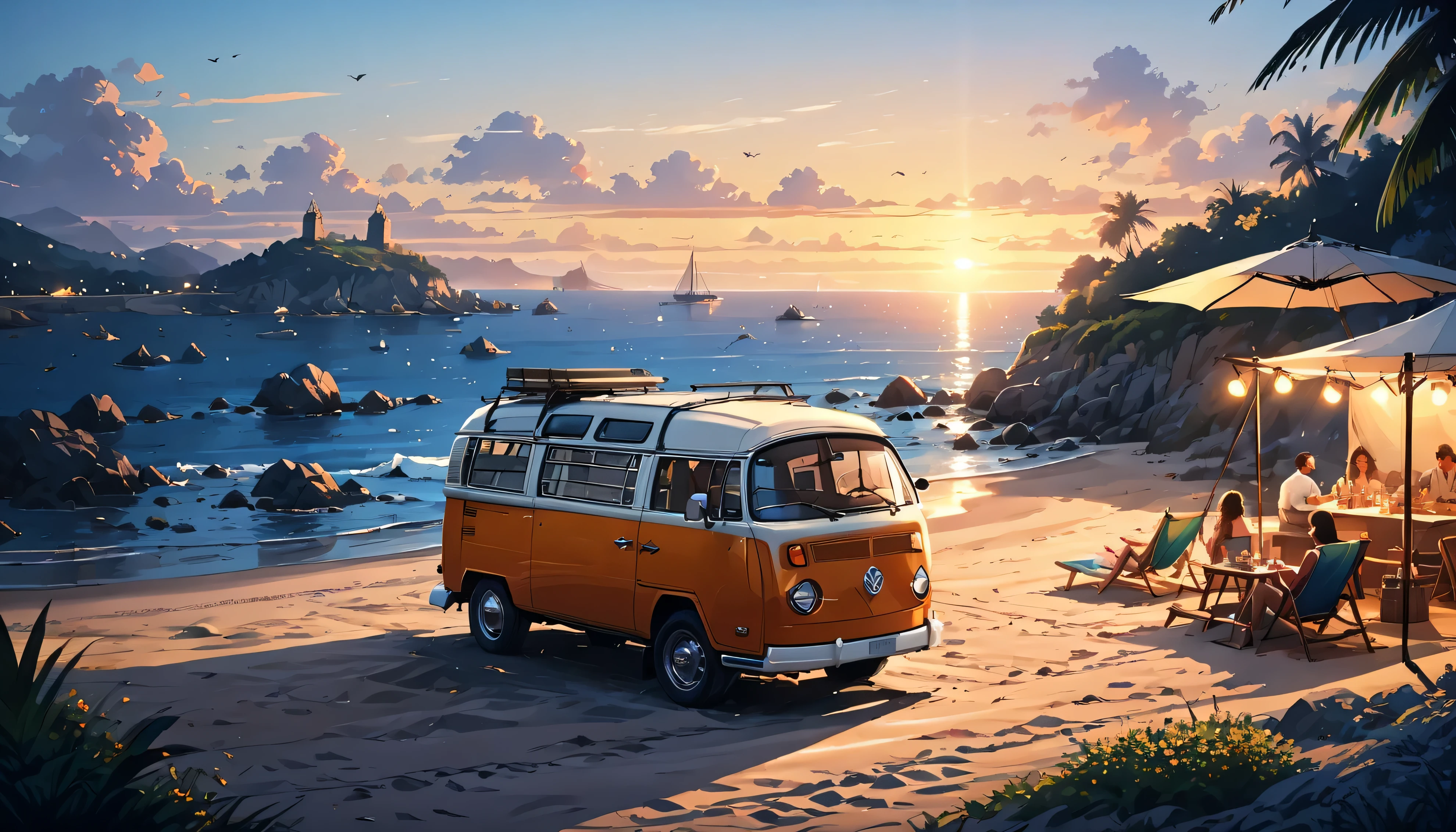 beach /beach party/beach .campervan.beach.seaside..fine wine.delicious food.Jess tree.Open心快樂玩樂的人們.beautiful coastline.Sunset.Open. (best quality,4k,8k,high resolution,masterpiece:1.2),super detailed,(actual,photoactual,photo-actual:1.37),, Wide-angle lens, super wide angle, best qualitycinematic lighting, depth of field, anatomically correct...
