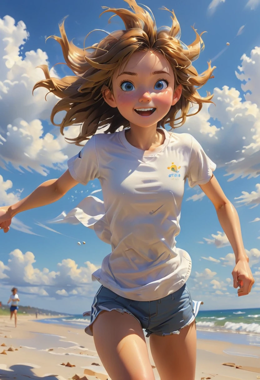 pixar art, On a wide stretch of beach in the warm sun, an energetic girl playing  game of beach soccer. She wore a simple white sports T-shirt, her hair fluttered in the wind. The girl is engrossed in running on the field, In the distance, the blue sky and white clouds reflect the vastness of the sea, and the sea and sky are the same color, which makes people feel refreshed and happy. The sun shone on the girl's body, her sweat glistened in the sun, (Motion Blur, best composition), anime realism, (best quality, masterpiece, 8k, Representative work, official art, Professional, Ultra intricate detailed:1.3)