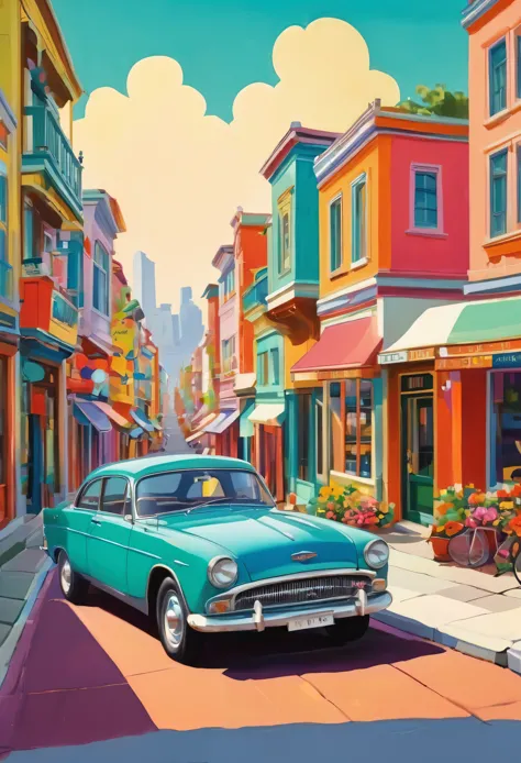 car、retro townscape、colorful、pop