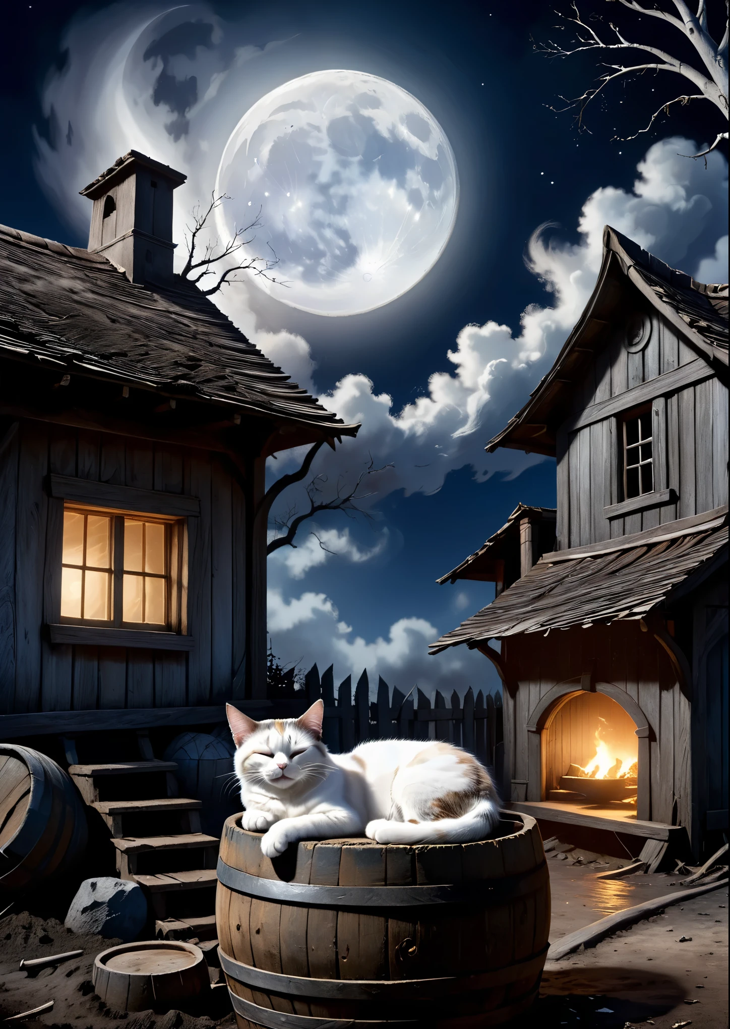 Un chat dort sur un grand tonneau en bois devant une vieille maison aux murs en terre、De la fumée blanche sort de la cheminée、Sous un arbre mort、Nuit de lune、La lune est à moitié cachée dans les nuages、thriller、Films de Tim Burton、Rendu des couleurs élevé、Détails élevés