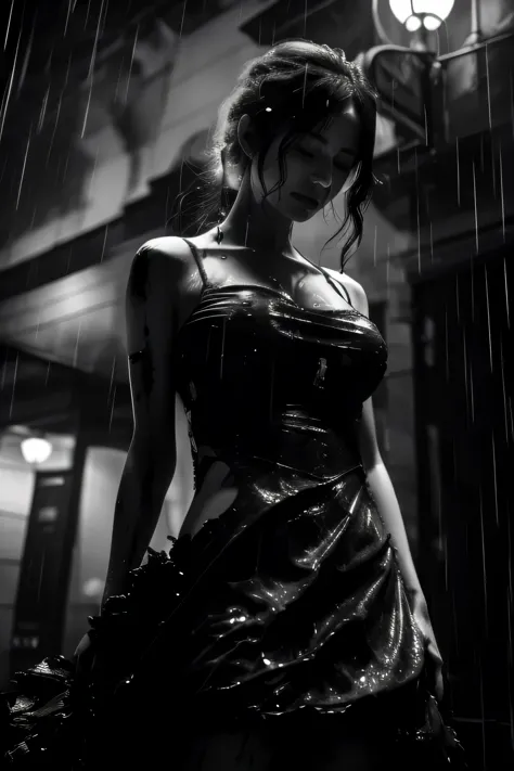 (nfv), masterpiece, best quality, monochrome, 1 girl, blurred, sky, big breasts, torn dress, closed eyes, night, rain, wet, bloo...