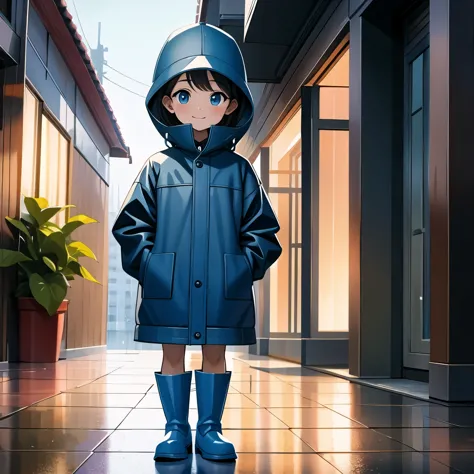 (masterpiece, best quality:1.2), 1 cartoon character, alone， hands in pockets，wear a hat、wearing rain coat, blue rain boots,