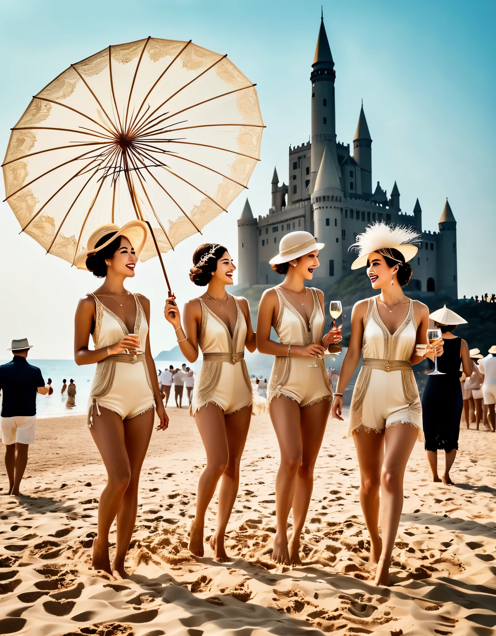 Vintage photography style, art deco style，best quality,8k,high resolution,super detailed，super clear，,creative style artwork,classical，（Many fashionable boys and girls partying on the beach），（Warm and lively  atmosphere），wine glass，High-end wineware，crazy playing，in this joyful scene，There is laughter from time to time、The sound of waves and music intertwined，Create a lazy yet energetic atmosphere。some people playing with sand on the beach，Building a magnificent sandcastle，While others lay under parasols，Enjoying the rare leisure time。far away，Some brave swimmers are taking a dip in the sea，Their figures looked particularly strong and healthy under the setting sun.。many musical instruments，Bunting，fireworks，Inspired by《the great Gatsby》，The atmosphere of the 1920s, Delicate texture，smooth visible velvet，Wear pearl jewelry，Advanced custom lace clothing，（Stacking accessories），（Dressed in 1920s fashion, 1920s hairstyles, 1 9 2 0 s style, 1 9 2 0 clothes, 1 9 2 0 s fabric style,