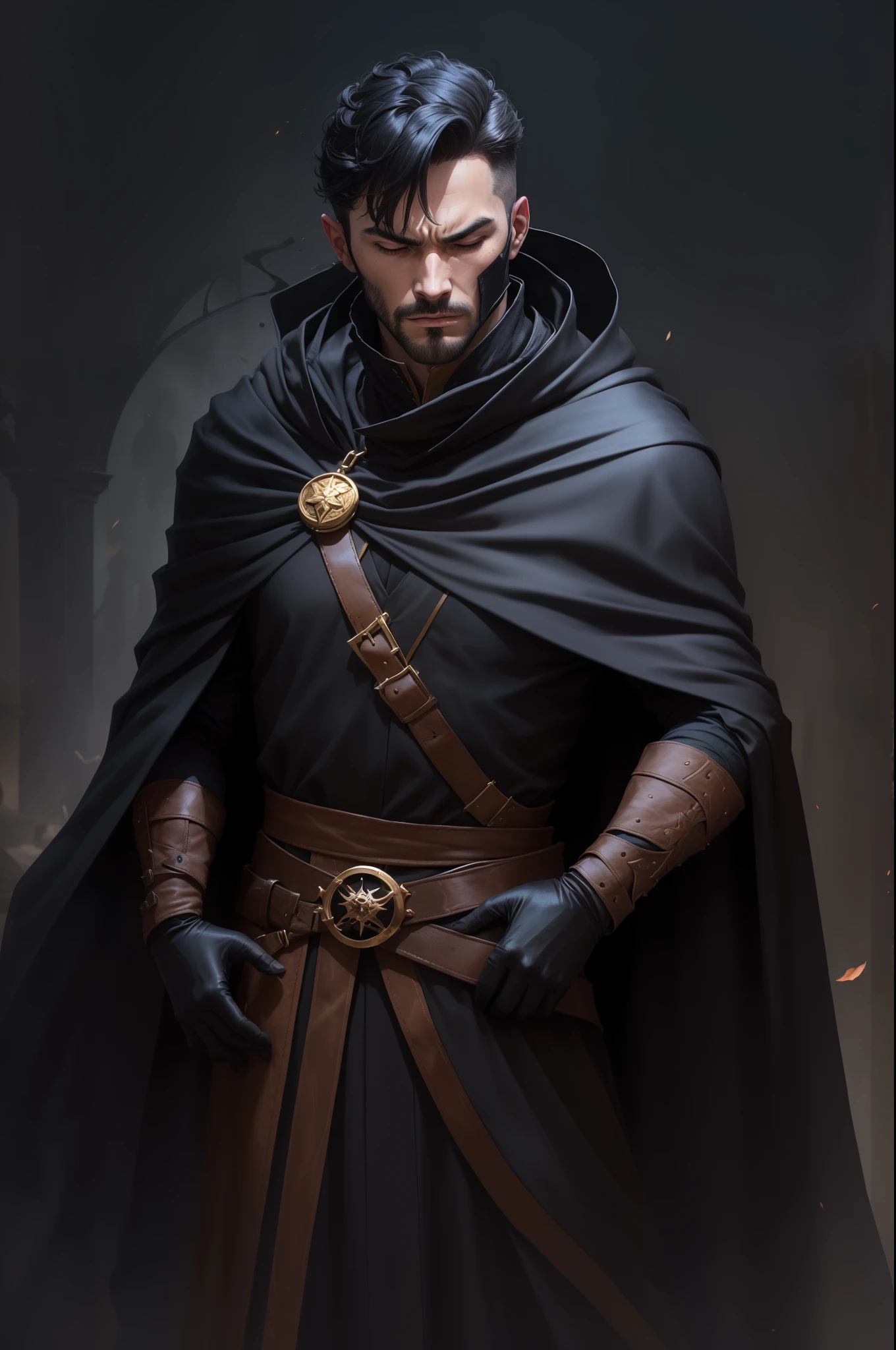 (man) (black short hair, stylish hairstyle), in (black cloak) and mask, ((hand in black glove)), inquisitor, evil male sorcerer, photo of a fantastic character, shadow magician, in a long black dynamically developing cloak, in a black cloak from neck to ankles, (looks, squinting, right at us)