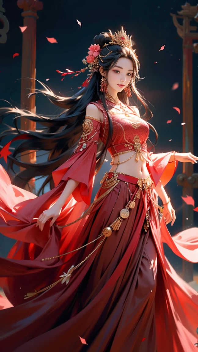 1 busty girl, Alone, Long Pink hair, petals, falling flower petals, jewely, a skirt, hair adornments, Red dress, Chinese clothes, black hair color hair, bangle, longer sleeves, Brown eyes, woven, Forehead imprints, close your mouth, looking at viewert, Traces of smile on face,Nice face,exquisite facial features,