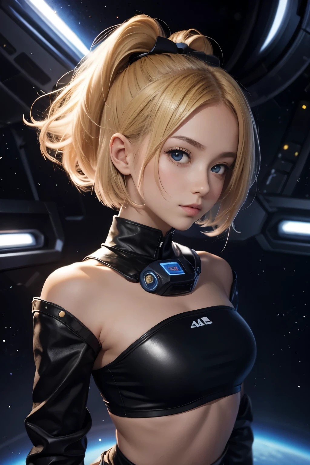 Portrait of a teenage girl. Her hair is short and blonde. She is wearing a tight little black top and bottom. The background is a space city.