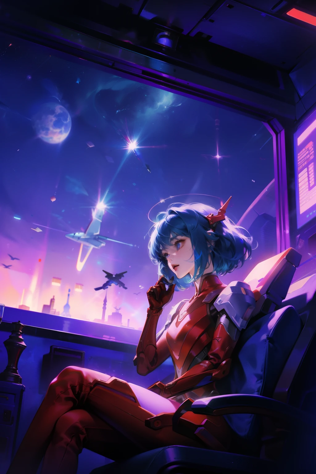 Absurd resolution, high resolution, (masterpiece: 1.4), hyper-detail, 1 young woman, short red hair, pilot suit, rich princess, sitting in an extremely narrow and closed mecha control room looking out the window, the window is the space universe can see the blue planet (1.5), the expression is excited, the mecha control room is in the universe