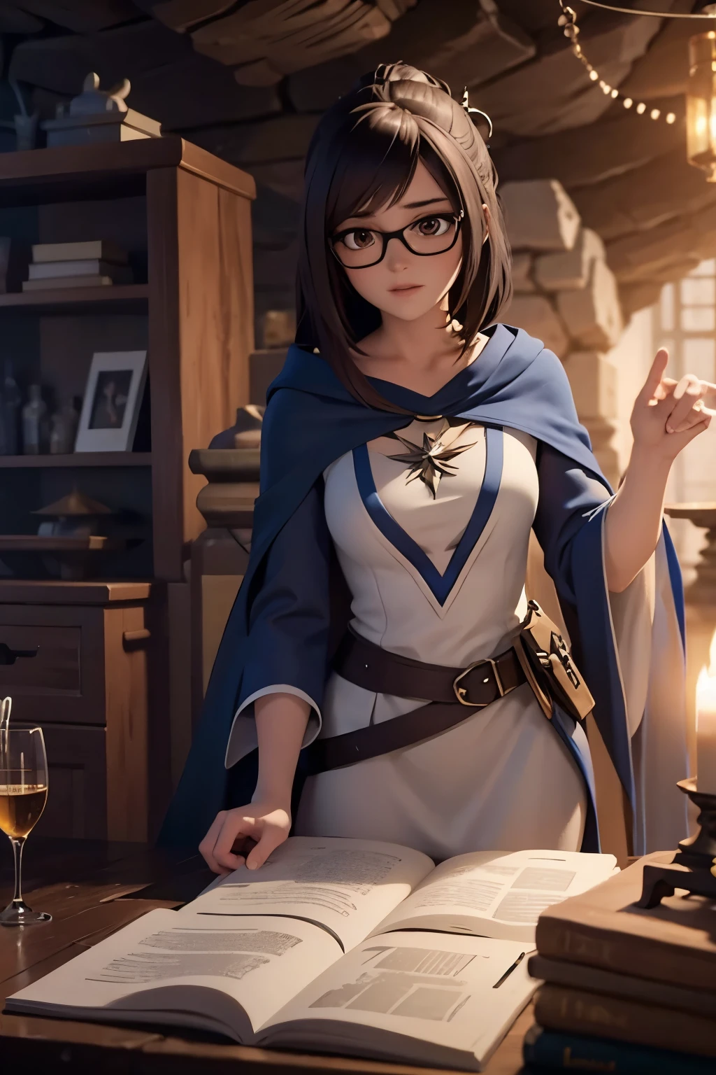 3d renders, octane renders, unreal engine, owmei, ((sorceress robe)), hd, 1girl,masterpiece, ((inside cave)), holding wands, fantasy settings, game character, concept art, wearing glasses, ((fantasy isekai world)), dark dress