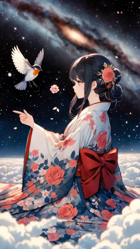 anime girl in kimono outfit sitting on clouds with bird flying above, anime style 4 k, japanese art style, beautiful anime, beau...