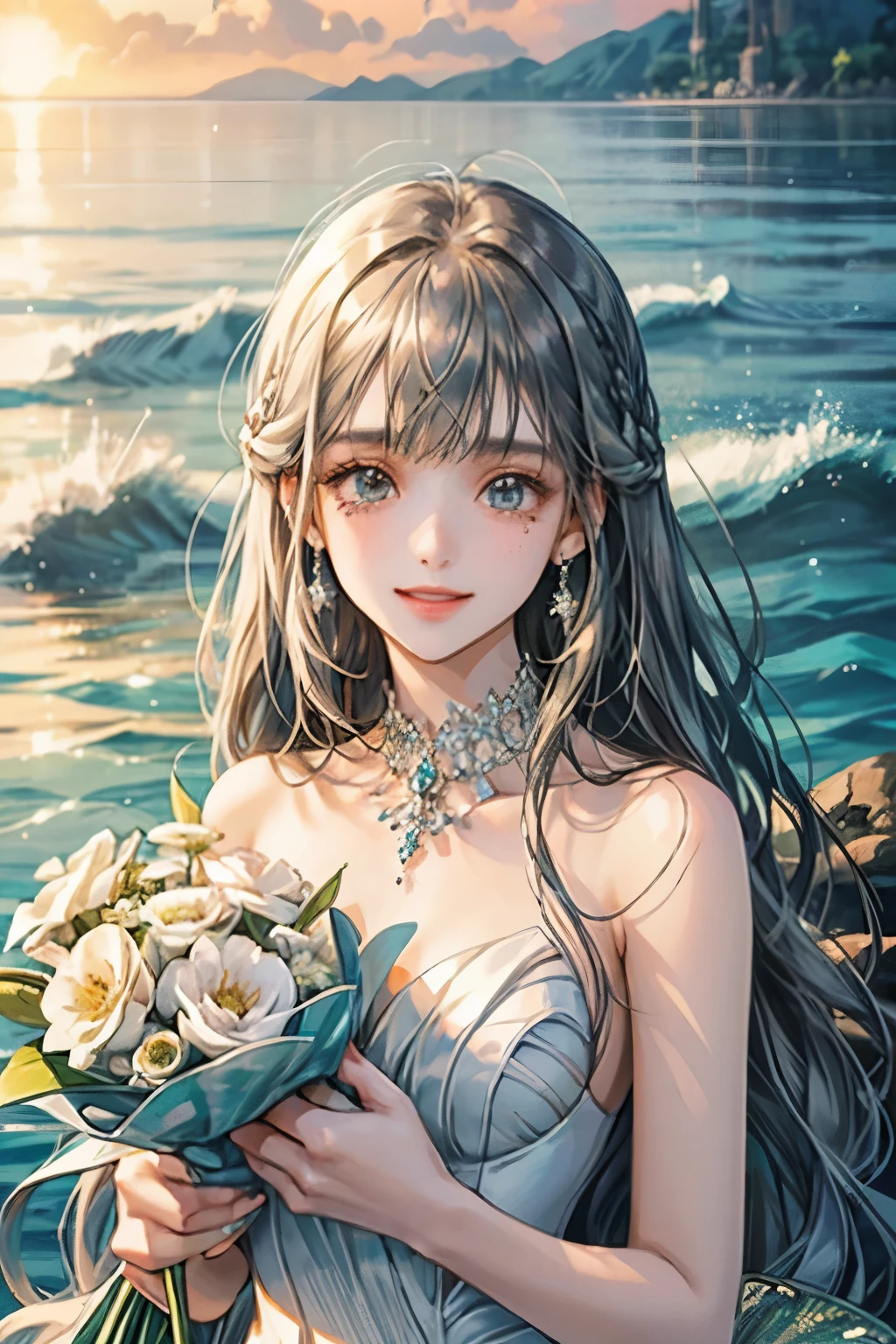 white、Ocean、droppy eyes、brown eyeole on face、smile、1 female、woman wearing one piece、long hair girl、((long hair girl))、girl with bangs、detailed face、clear face、((Highest image quality))、mole、bouquet、bride、mermaid dress