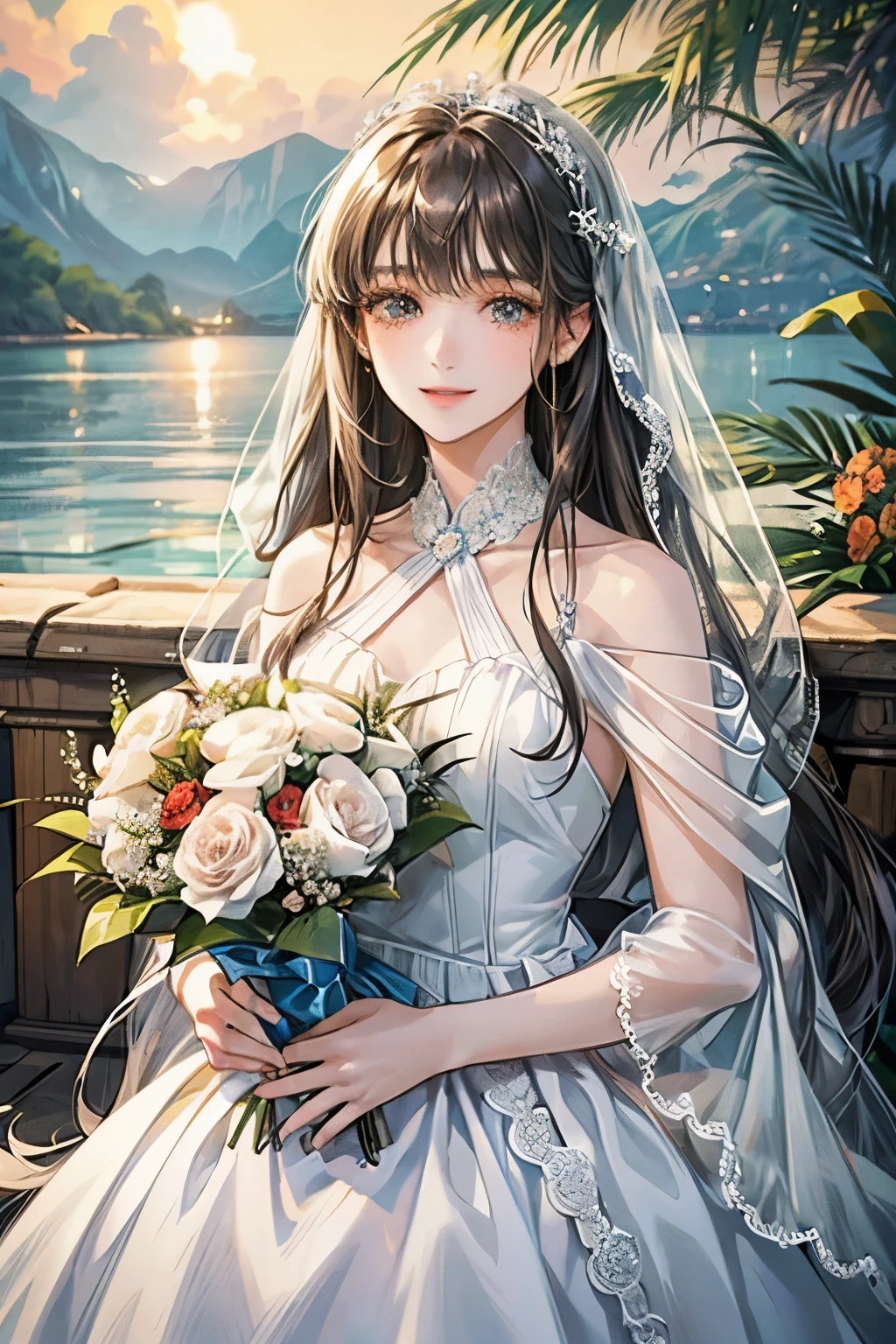 white、Ocean、droopy eyes、brown eyelids on face、smile、1 female、Woman wearing dress、long hair girl、((long hair girl))、Girl with bangs、detailed face、clean face、((best image quality))、mole、bouquet、bride、White gloves