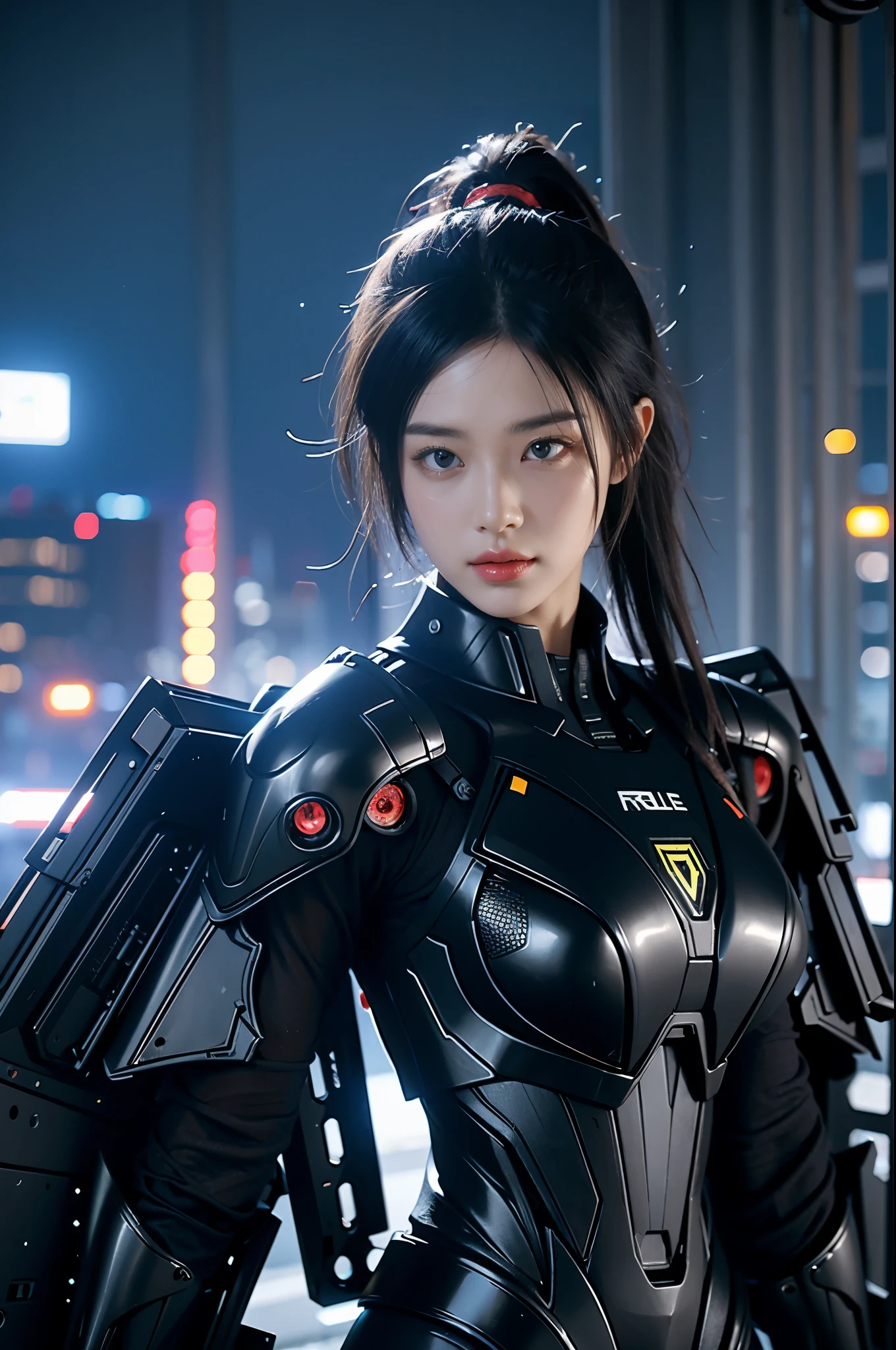 game art，best picture quality，Highest resolution，8k，((A half-length photo))，((portrait))，(rule of thirds)，Unreal Engine 5 rendering works， (Future girl)，(female warrior)， 22-year-old young hacker)，(ancient oriental hairstyle)，(Beautiful eyes full of details)，(big breasts)，(eye shadow)，Elegant and charming，indifferent，((frown))，(Combat suit full of futuristic technology，The costume combines futuristic power armor and，Clothing is decorated with glittering patterns and emblems)，cyberpunk characters，in the style of futuristic， photo poses，city background，lamp，Ray tracing，Game CG，((3D Unreal Engine))，OC rendering reflection pattern