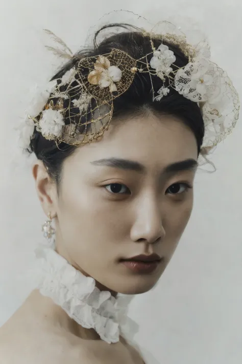 close-up of a woman with a shaved face and white lace collar, minchen shen, eiko ishioka, jinna chan, kim hyun joo, shwehan, jin...