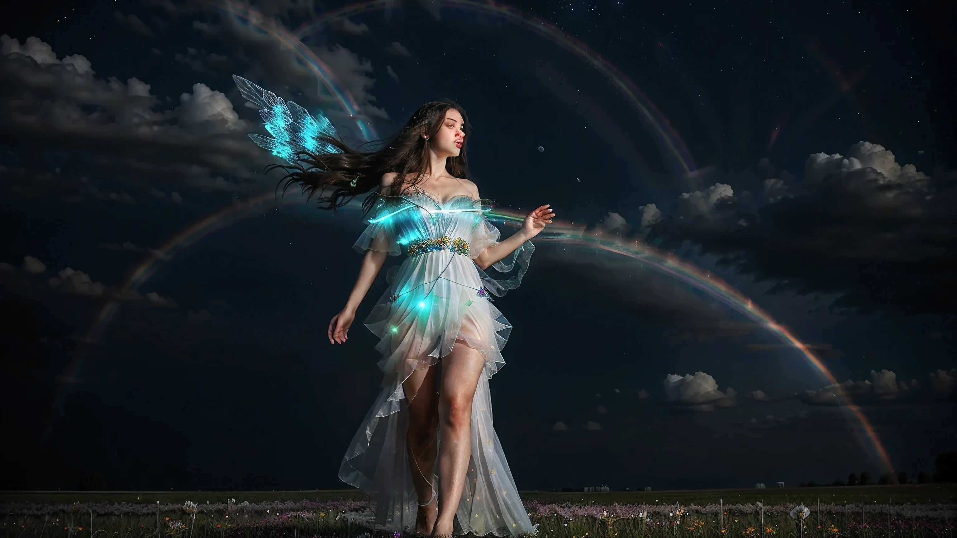 A beautiful and magical elemental girl with long flowing hair., Ethereal spiritual clothing, Walking through a field of crystal flowers amidst the dark rainbow moonlight, the flowers glowed brightly.

