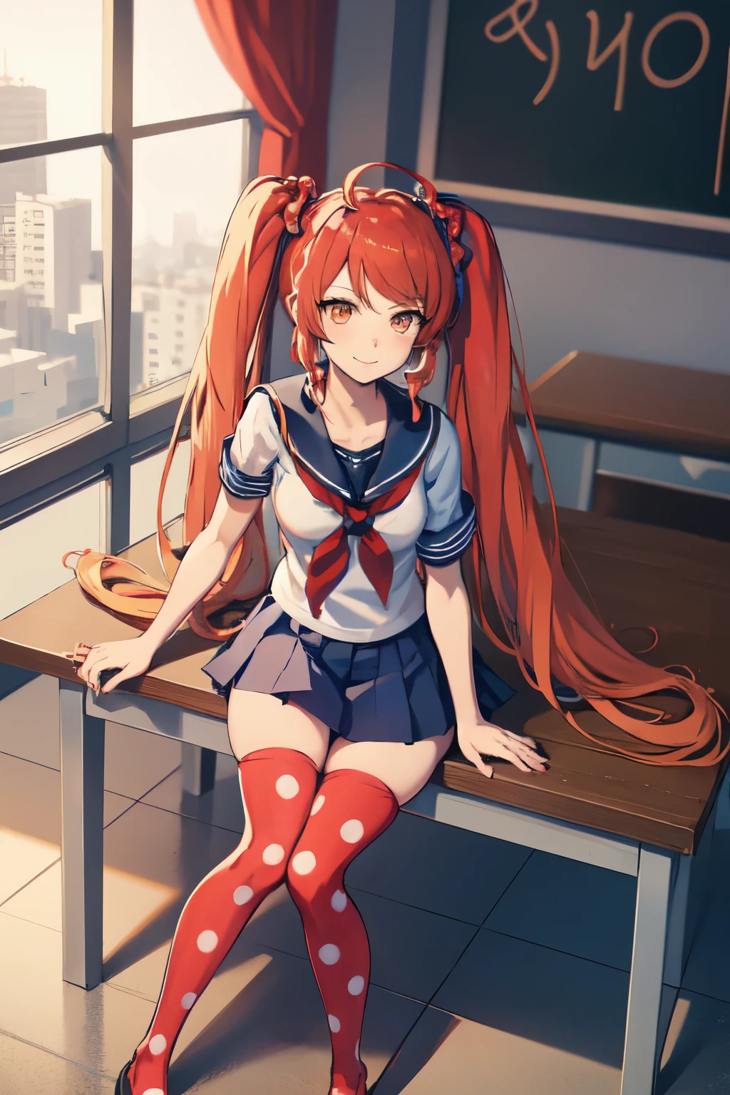 Anime, personagem, female, mulher ,simulador yandere, Palavras de gatilho, OsanaNajimi, twintails, serafuku, red scarf, saia azul, legging de bolinhas, blue skirt, polka dot legwear, indoors, sitting, classroom, waving at viewer, smile,
