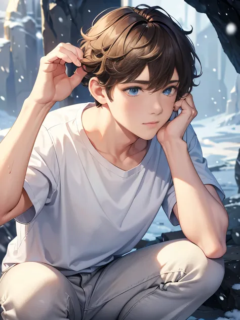 1boy,guy,blue eyes,squat,In the cave,snowing,Hands closing eyes, looking away,18 years old,Curly hair,medium hair,undercut hairstyle,light brown hair,Plain t-shirt, white t-shirt,white trousers,ultra detail, perfect face, hd face, detailed face, masterpiec...
