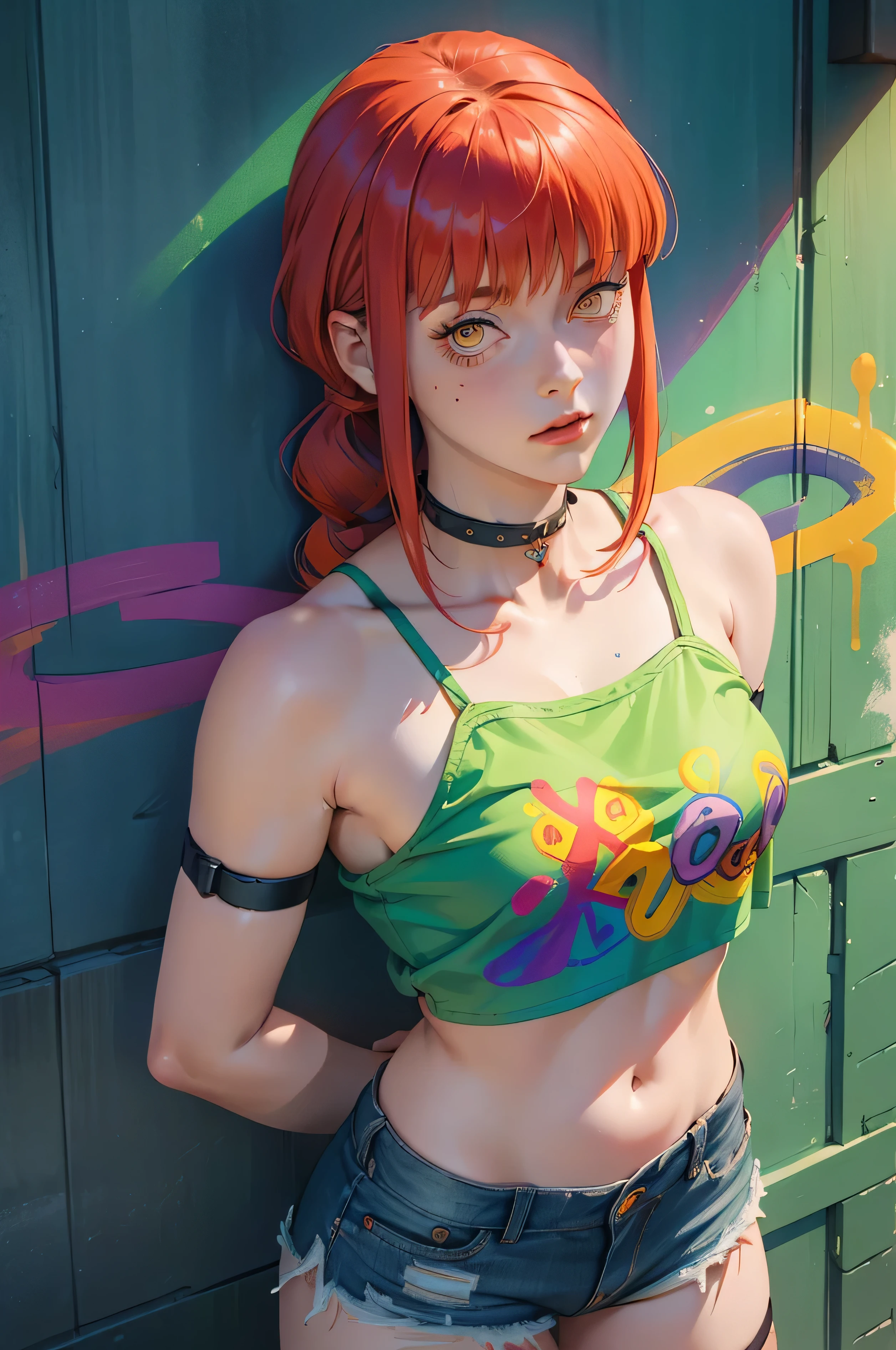 Masterpiece, Best Quality, 1girl, report, crop-top, jean shorts, Choker, (graffiti:1.aint splatter, (Hands Behind Your Back), Against a wall, looking a viewer, A bracelet, thigh strap, Paint on the body, tilt of head, bored,red hair color, Rainbow-colored eyes, Makima,