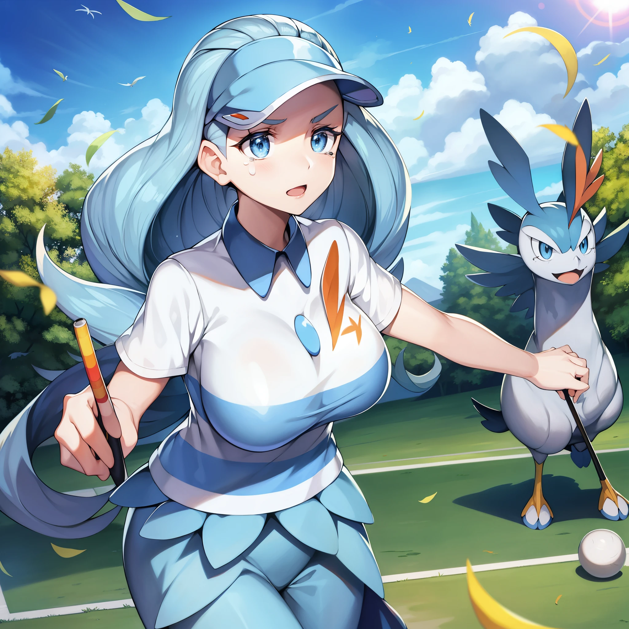 Pokémon、hotel owner、Golf Tournaments、golfer、Golf club、Kahili、flying type trainer、big tits milf、big tits milf、big tits milf、Clothes: light blue golf wear。ドデカバシの嘴と同じ模様のグリップのGolf clubを常に持っている。Her hairstyle is long light blue hair with a large curve at the ends.。Hair on the right goes to the left、The hair on the left side is bouncing to the right side.、Looks like a feather from the front。Crying mask visor cap below left eye、collared shirt、agile、A pole made of bird feathers symbolizing the royalty of the Hawaiian period.、No sleeve、skirt、Tennis Court