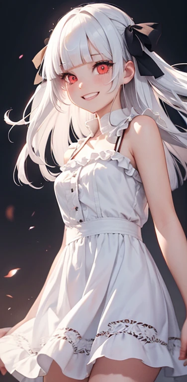 (8K、highest quality、masterpiece:1.2)、Super detailed、super resolution、Realistic、(1girl)  、(white hair)、(blunt bangs:1.5),RED eyes、(face focus,cowboy shot),(glowing eyes:1.4),(sundress:1.3)、(grin:1.3),open mouth、cute face,blush、small breasts,hair ribbon,(simple background),