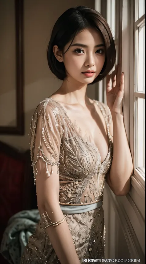 1 Indonesian girl, 25 years old, short fashion hair, slim body, small breasts, deep cleavage, skintight taupe lace kebaya, batik...