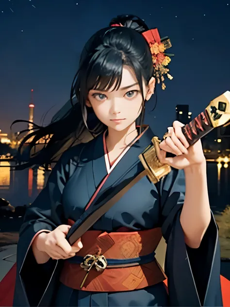 highest quality、long black hair woman、hair tied long、sharp eyes、slim body shape、prepare a sword、Dark blue Japan kimono、night tow...